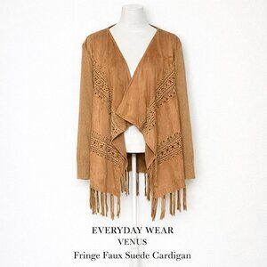 VENUS Camel Fringe Faux Suede Open Front Longline Cardigan Western Boho L